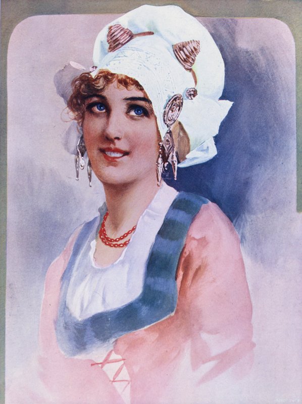 En hollandsk jomfru (farve litho) af English School