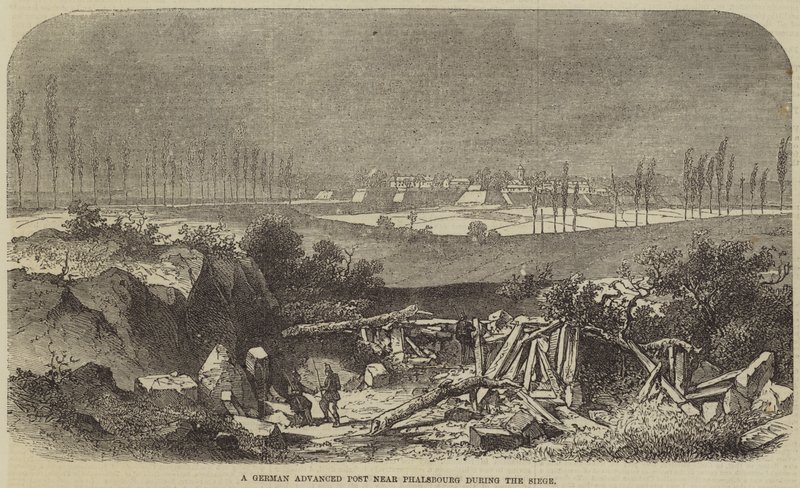 En tysk avanceret post nær Phalsbourg under belejringen (gravering) af English School