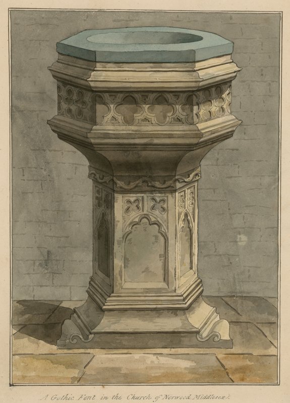 En gotisk font i Church of Norwood, London, Middlesex af English School