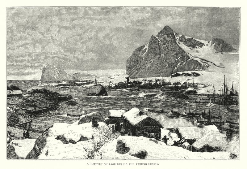 En Lofoten -landsby i fiskesæsonen (gravering) af English School
