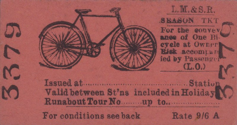 Et sæsonkort til London, Midland og Scottish Railway til rejser med cykel (litho) af English School
