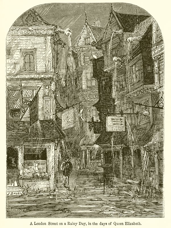En London Street på en regnvejrsdag, i dronning Elizabeths dage af English School
