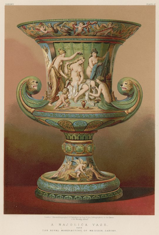 En majolika-vase fra den kongelige manufaktur i Meissen, Sachsen (chromolitho) af English School