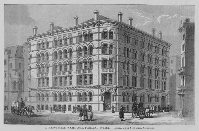A Manchester Warehouse, Portland Street, Mrs. Clegg og Knowles, Architects. Illustration til Bygmesteren af English School