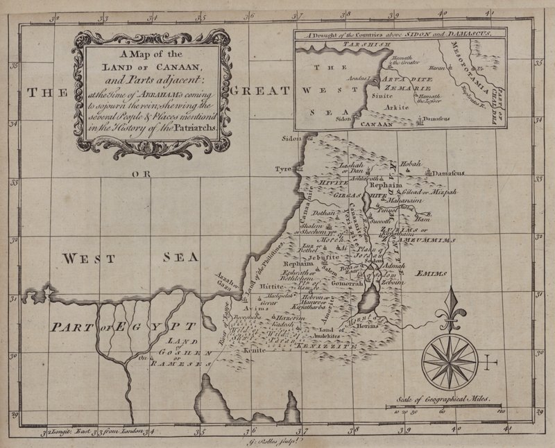 Et kort over Kanaans land og tilstødende dele på det tidspunkt, hvor Abraham kom for at opholde sig i landet, med angivelse af de forskellige mennesker og steder, der er nævnt i patriarkernes historie (kobberstik) af English School