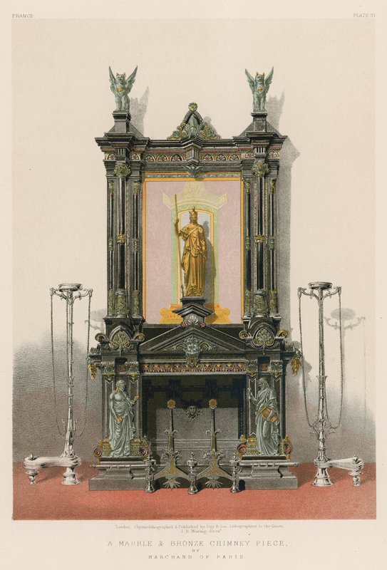 Et skorstensstykke i marmor og bronze af Marchand fra Paris (chromolitho) af English School