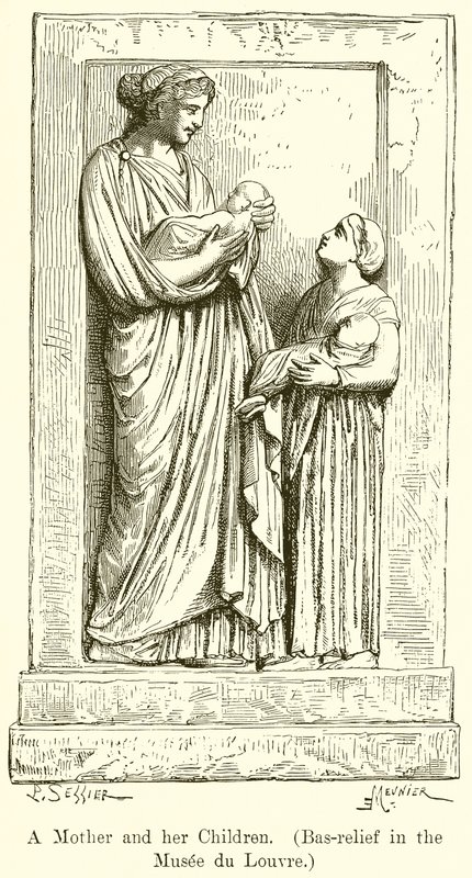 En mor og hendes børn. (Bas-relief i Musée du Louvre) af English School