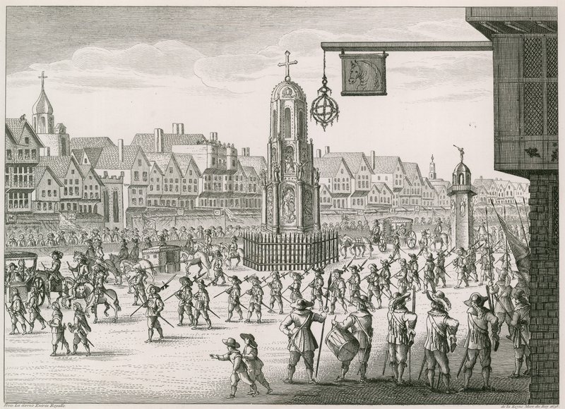 En nordøstlig udsigt over Cheapside med The Cross og Conduit af English School