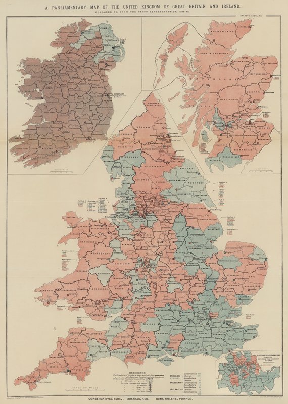 Et parlamentarisk kort over Det Forenede Kongerige Storbritannien og Irland (farve litho) af English School