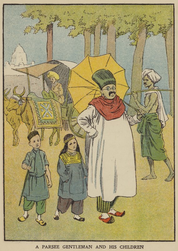 En Parsee gentleman og hans børn (farve litho) af English School