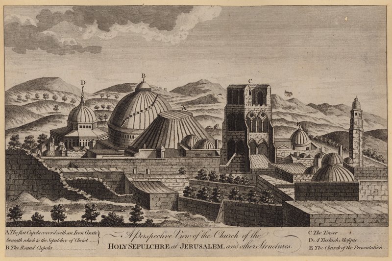 Et perspektivbillede af Den Hellige Gravs Kirke i Jerusalem og andre strukturer (gravering) af English School