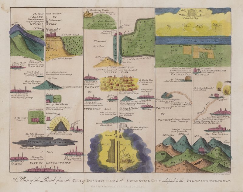 En plan for vejen fra ødelæggelsens by til den himmelske by tilpasset pilgrimmens fremskridt (farvegravering) af English School