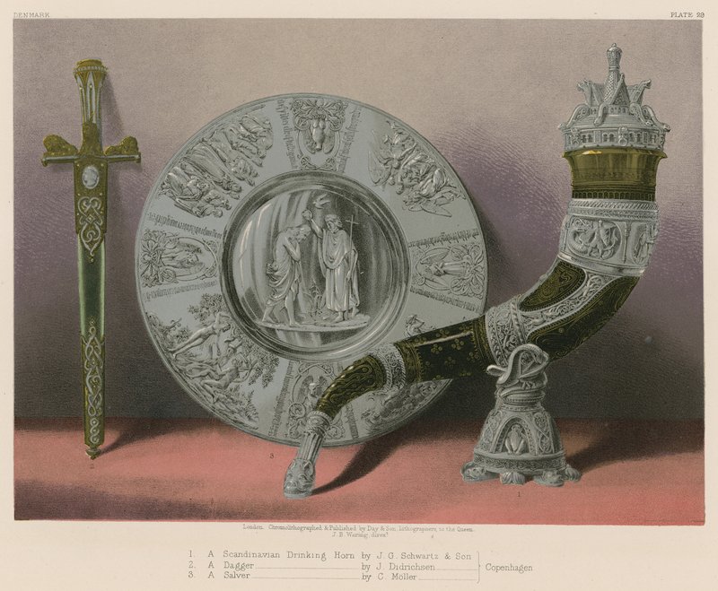 A Scandinavian Drinking Horn af J G Schwartz og søn, A Dagger af J Didrichsen, A Salver af C Møller, København af English School