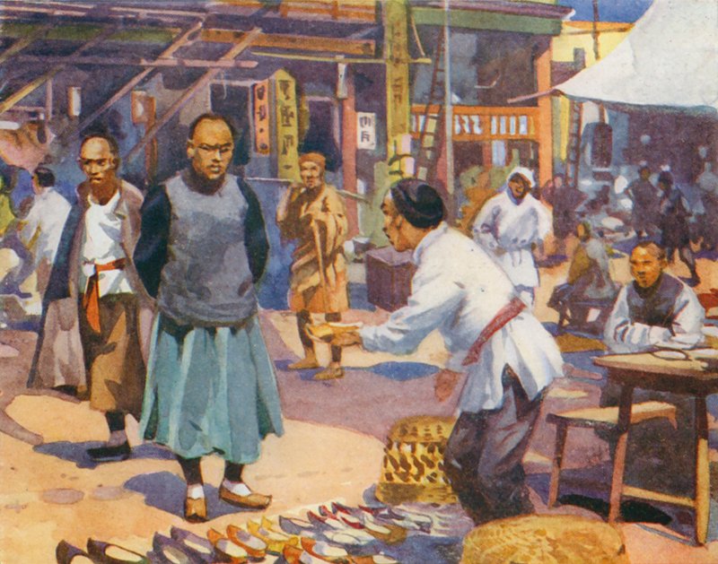 En gadescene i Kina (farvelitografi) af English School