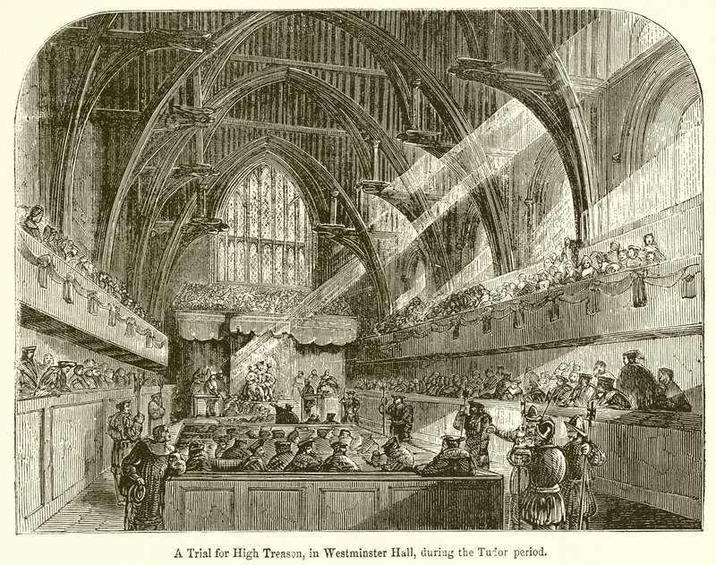 En retssag for højforræderi i Westminster Hall i Tudor-perioden af English School