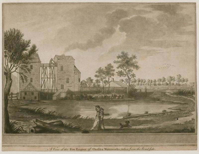 En udsigt over brandbilen fra Chelsea Waterworks, taget fra vejkanten af English School