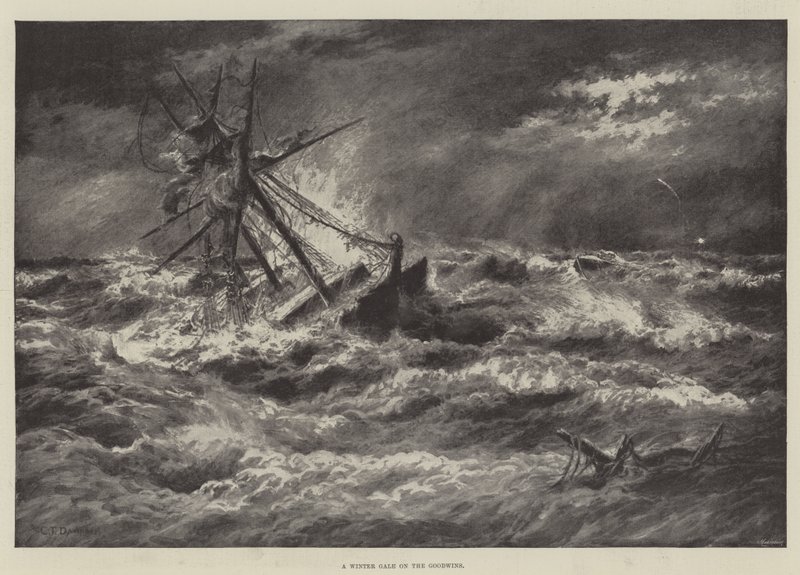 A Winter Gale on the Goodwins (litho) af English School