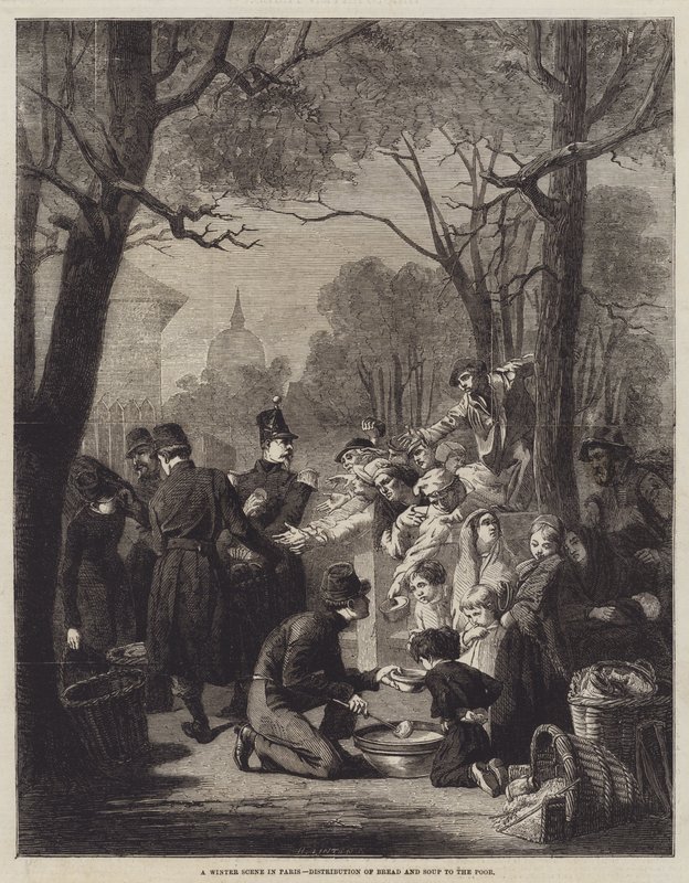 En vinterscene i Paris, uddeling af brød og suppe til de fattige (gravering) af English School