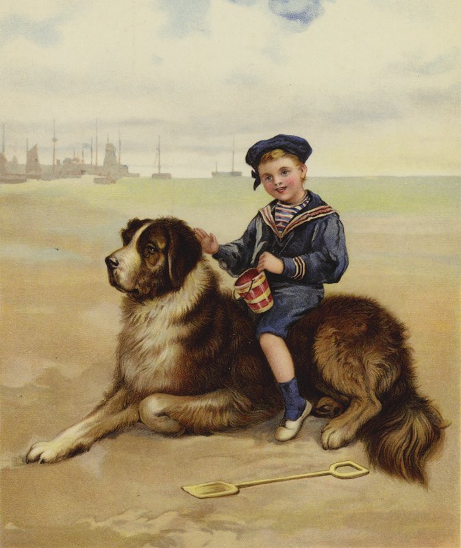 En dreng sidder på sin hund på stranden af English School
