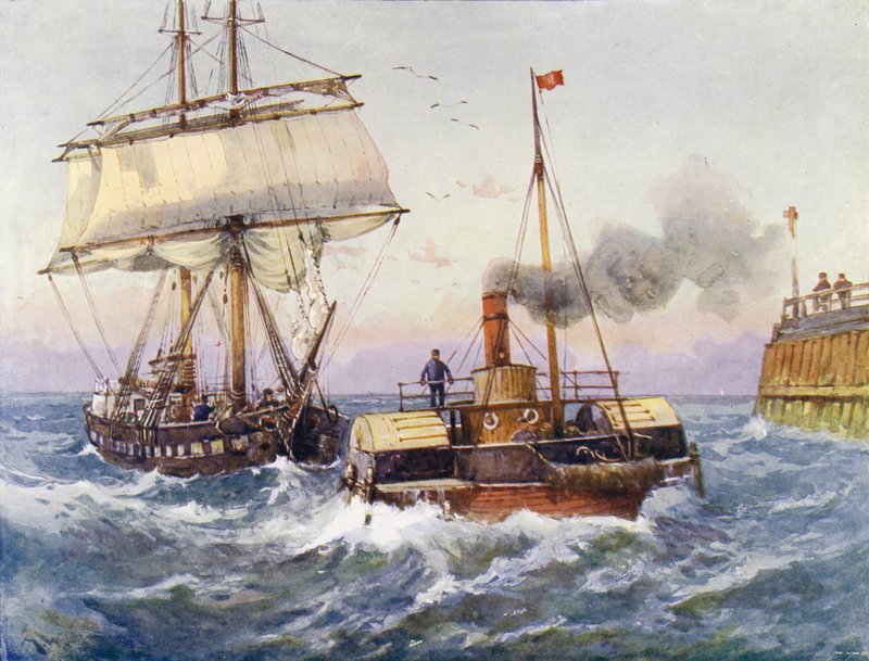 En brig bliver bugseret i havnen (farve litho) af English School