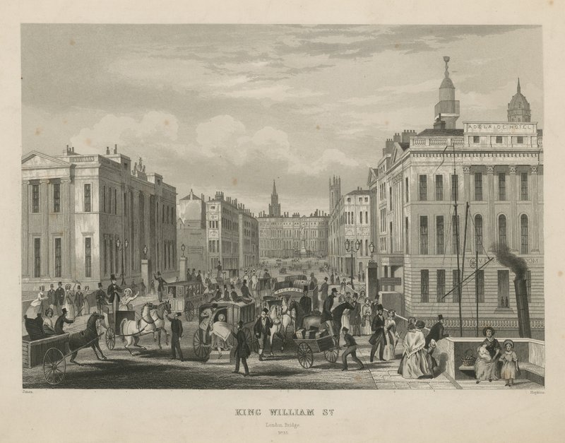 Et travlt gadebillede i King William Street af English School
