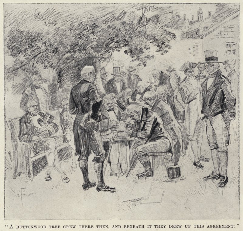 Et knapskovstræ voksede der dengang, og under det tegnede de denne aftale" (litho) af English School