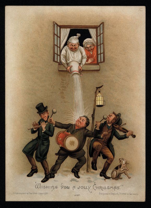 Et par, der protesterer mod carol-sangere uden for deres vindue, julehilsen (chromolitho) af English School