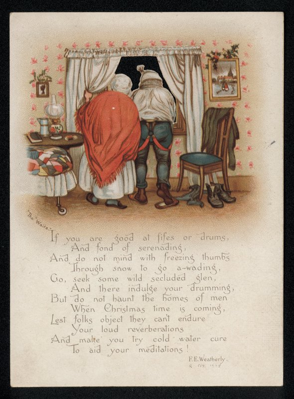 Et par, der protesterer mod carol-sangere uden for deres vindue, julehilsen. (chromolitho) af English School