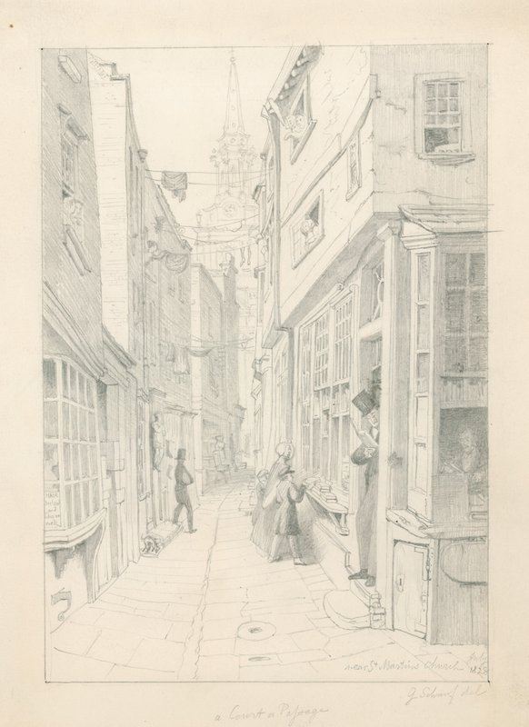 En domstol eller passage nær St Martins Church, London, juli 1828 af English School