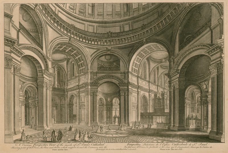 Et nysgerrigt perspektivbillede af indersiden af St Pauls Cathedral, London af English School