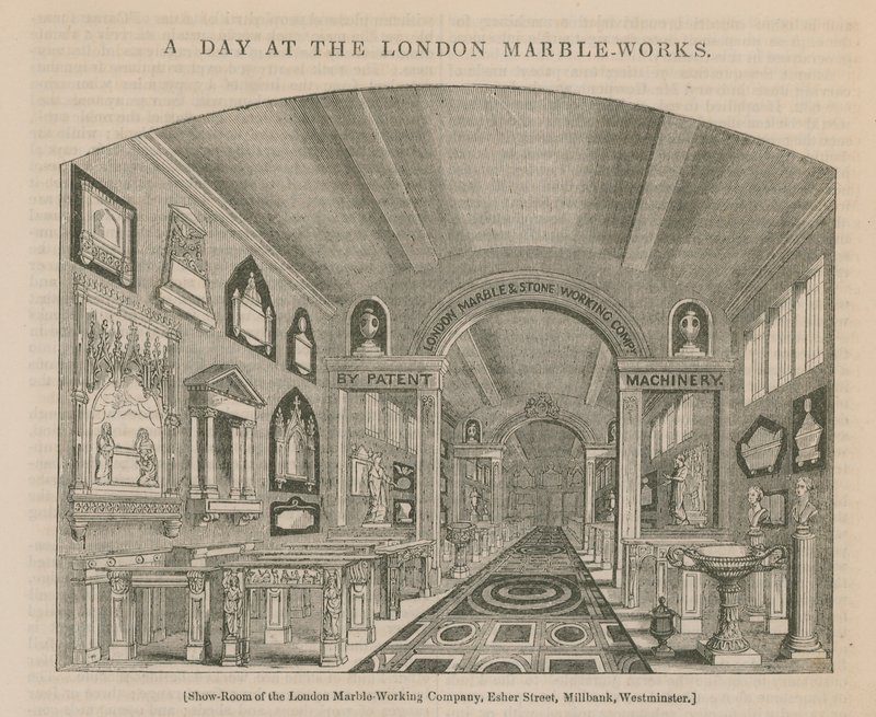 En dag på Londons marmorværksted (kobberstik) af English School