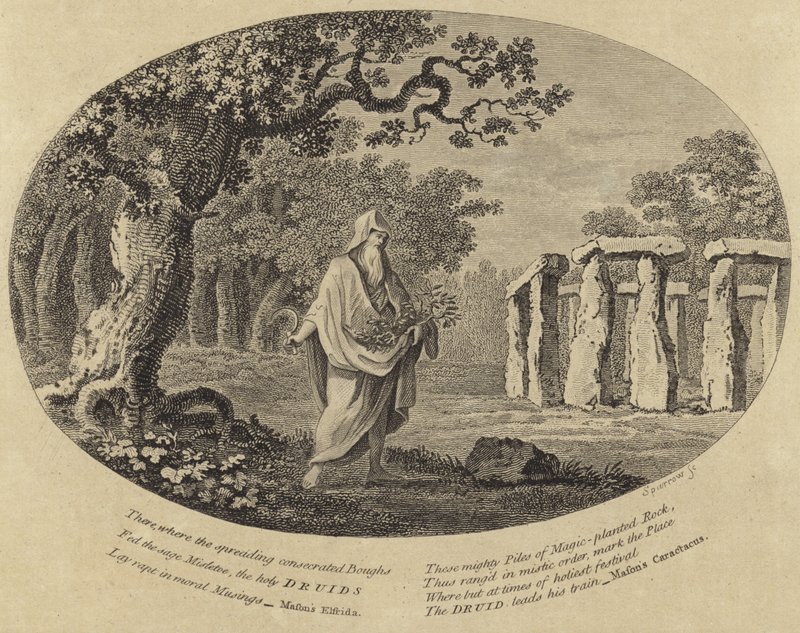 En druide, der tager stiklinger med en le ved siden af et gammelt monument af English School