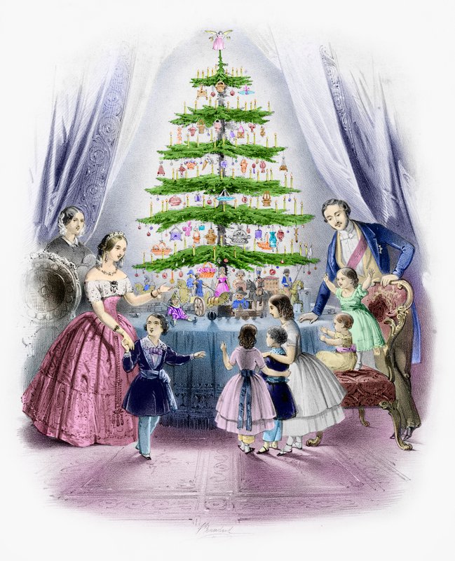En familie står omkring et juletræ (farvet indgravering) af English School