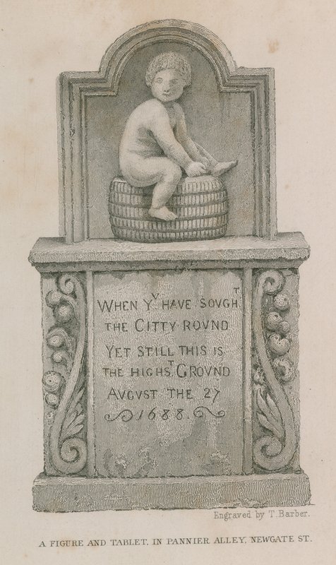 En figur og tablet i Pannier Alley, Newgate Street af English School