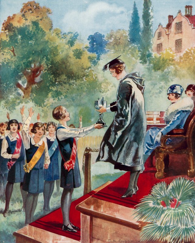 En triumf i fjerde klasse: en skolepige får overrakt et trofæ (farvelitografi) af English School