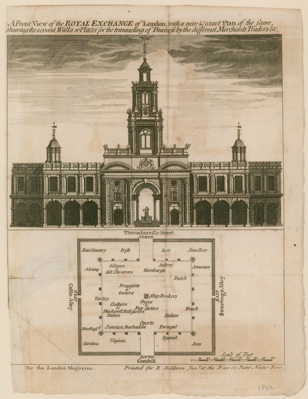 Et frontbillede af Royal Exchange of London med en ny og nøjagtig plan af samme af English School