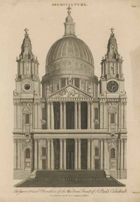 En geometrisk forhøjning af den vestlige front af St. Pauls Cathedral af English School