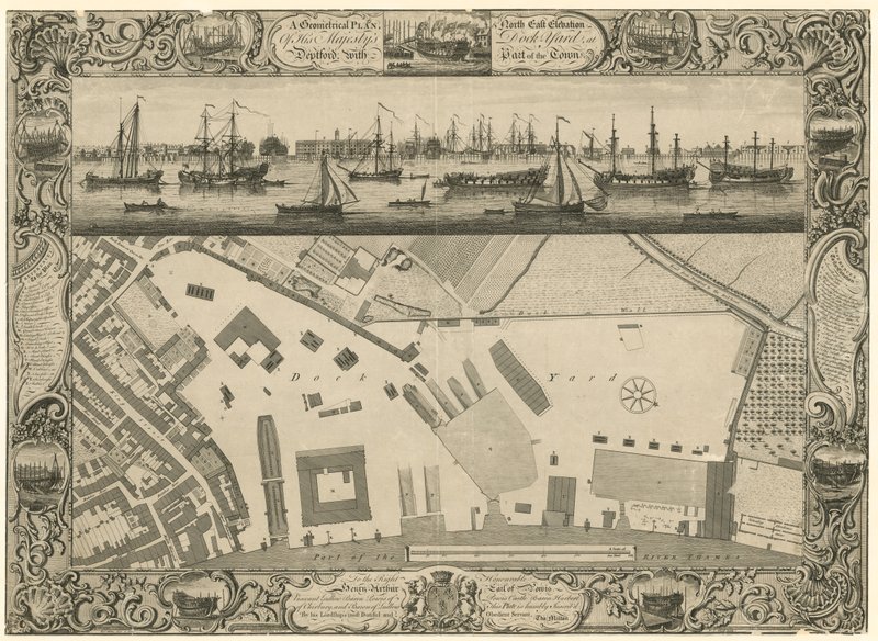 En geometrisk plan og nordøst forhøjning af His Majestys Dock Yard ved Deptford med en del af byen af English School