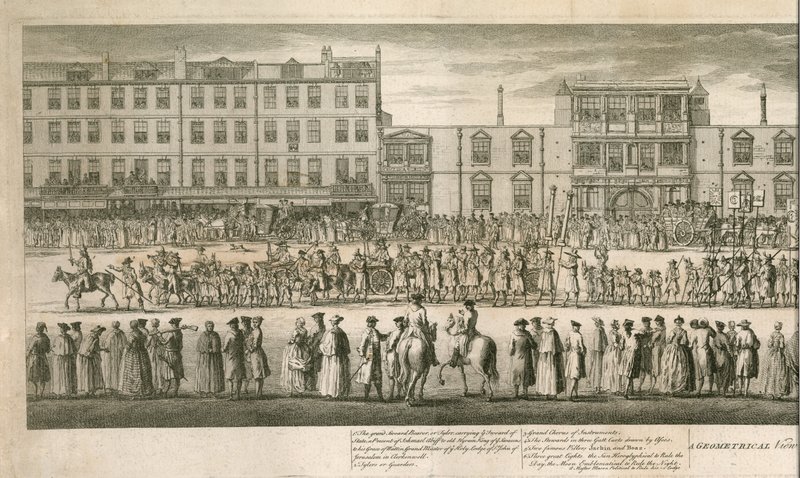 En geometrisk visning af den store procession af Scald Miserable Masons, Somerset House, London af English School
