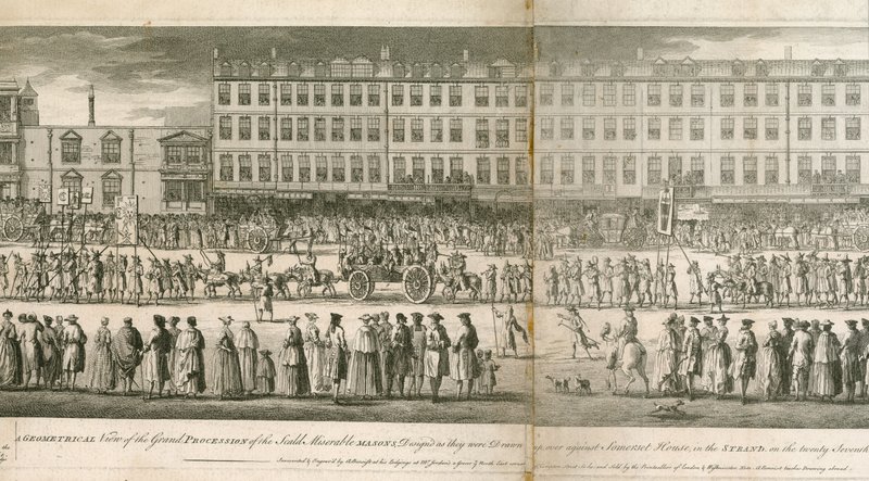 En geometrisk visning af den store procession af Scald Miserable Masons, Somerset House, London af English School