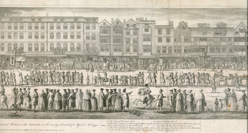 En geometrisk visning af den store procession af Scald Miserable Masons, Somerset House, London af English School