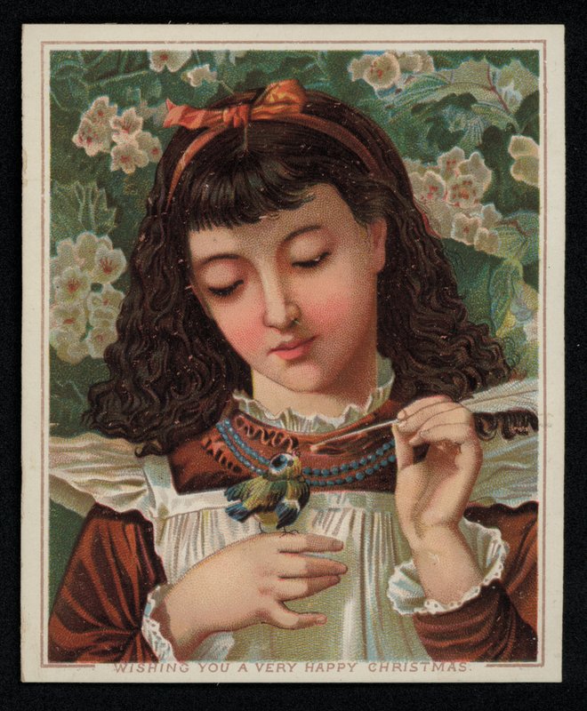 En pige fodrer en blåmejse, julehilsenskort. (chromolitho) af English School