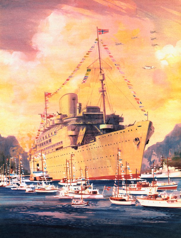 Et stort øjeblik i Royal Mail Lines historie, Andesbjergene ankommer til Oslo i 1945 (farve litho) af English School