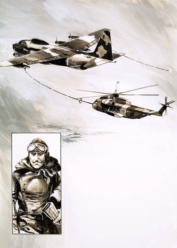 En helikopter tanket op under flyvning (gouache på papir) af English School