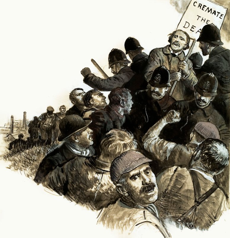 En lynchhob styrtede op ad bakken til Dr. William Price (gouache på papir) af English School