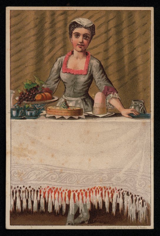 En stuepige eller tjenende pige, der dækker et bord med mad, lykønskningskort. (chromolitho) af English School