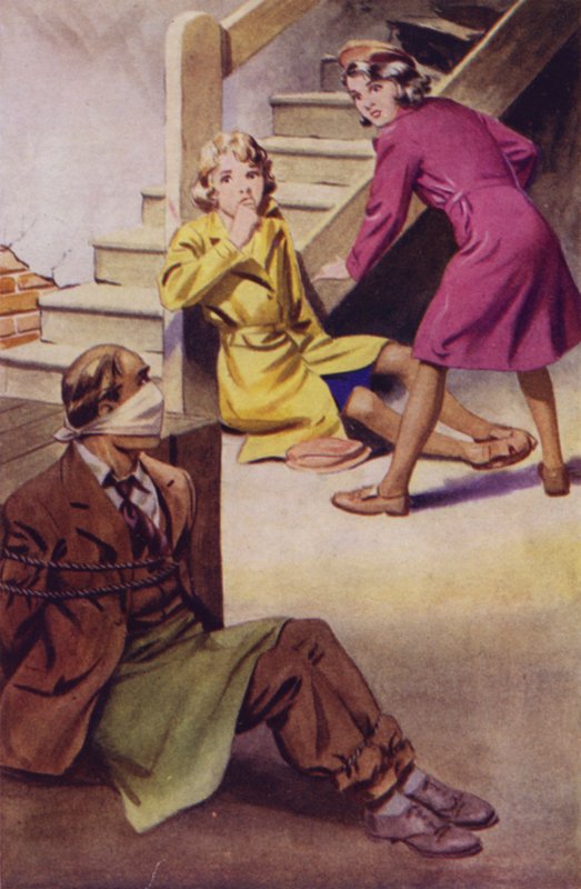 En mand bundet, kneblet og siddende på gulvet, mens to piger ser på (farve litho) af English School