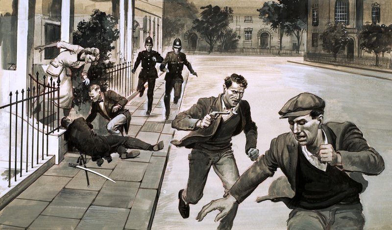 En mand myrdet på gaden (gouache på papir) af English School