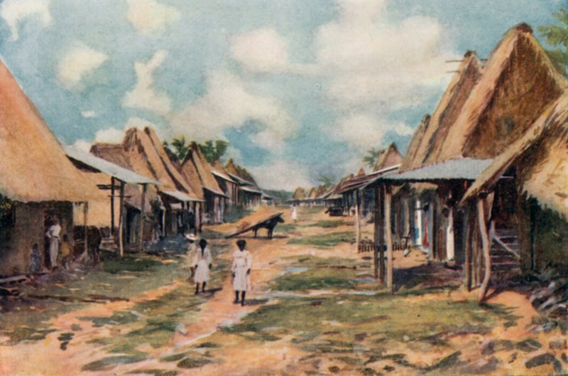 En indfødt landsby, Panama (farvelitografi) af English School