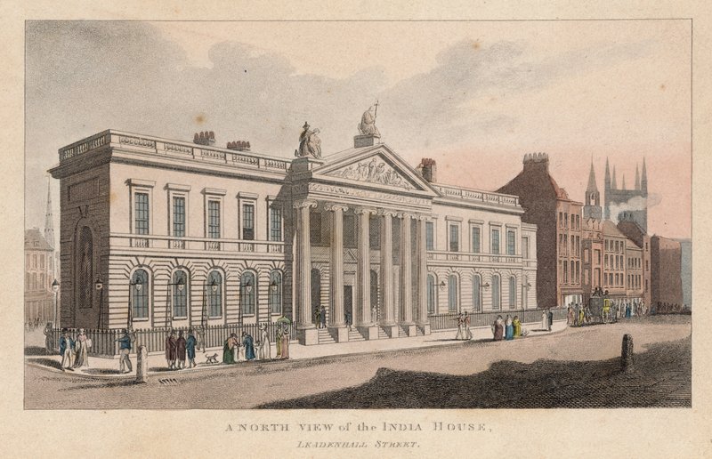 En nordlig udsigt over India House, Leadenhall Street af English School